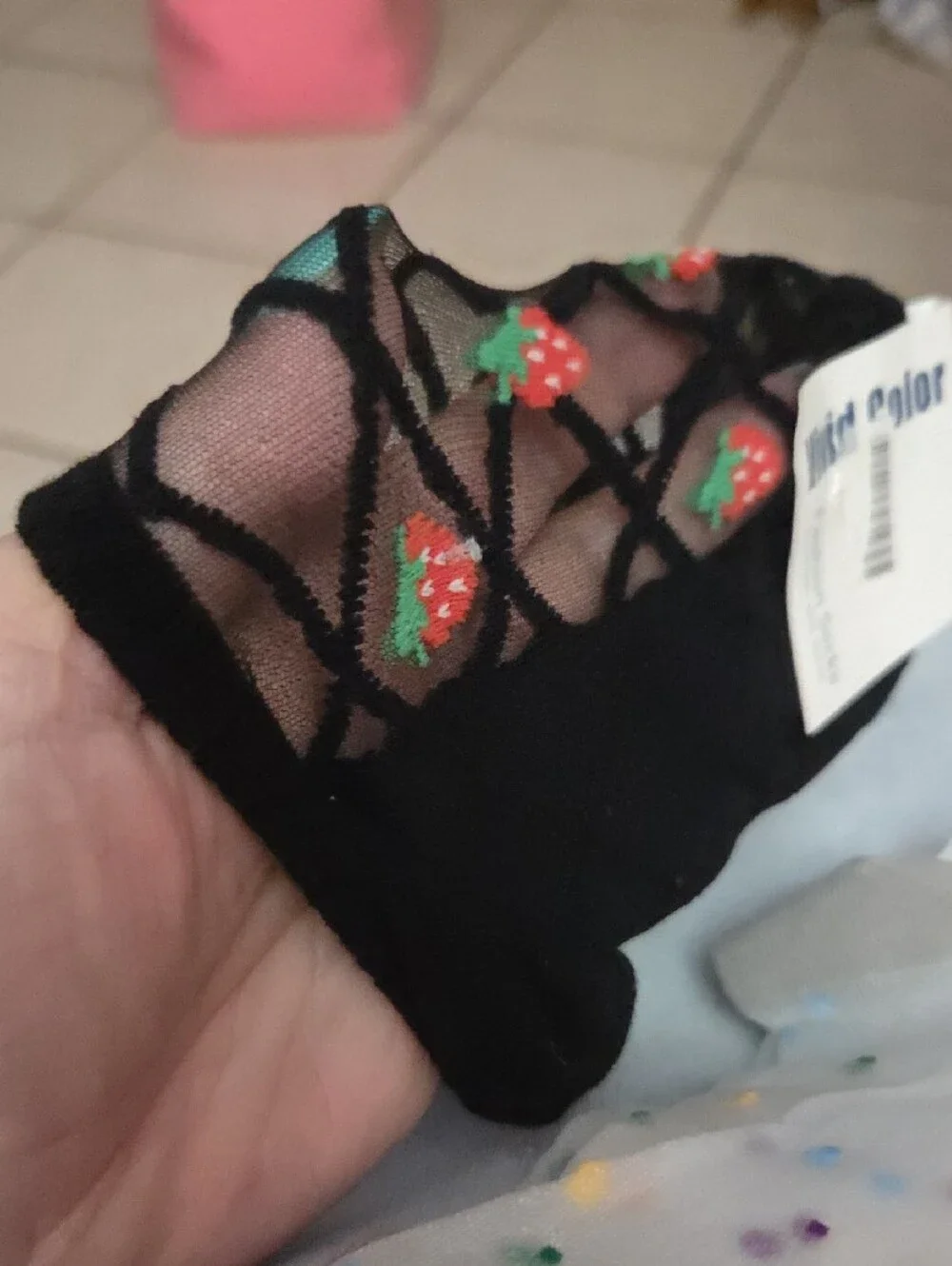 Cotton Polka Dot Sheer Socks - Gray Trim And Blaxk With Strawberrys NWOT